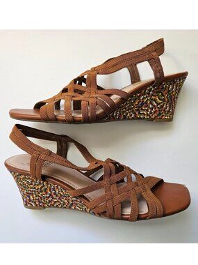 IMPO women 8 Nerina Cognac cork wedge colorful heel strappy sandal neutral artsy